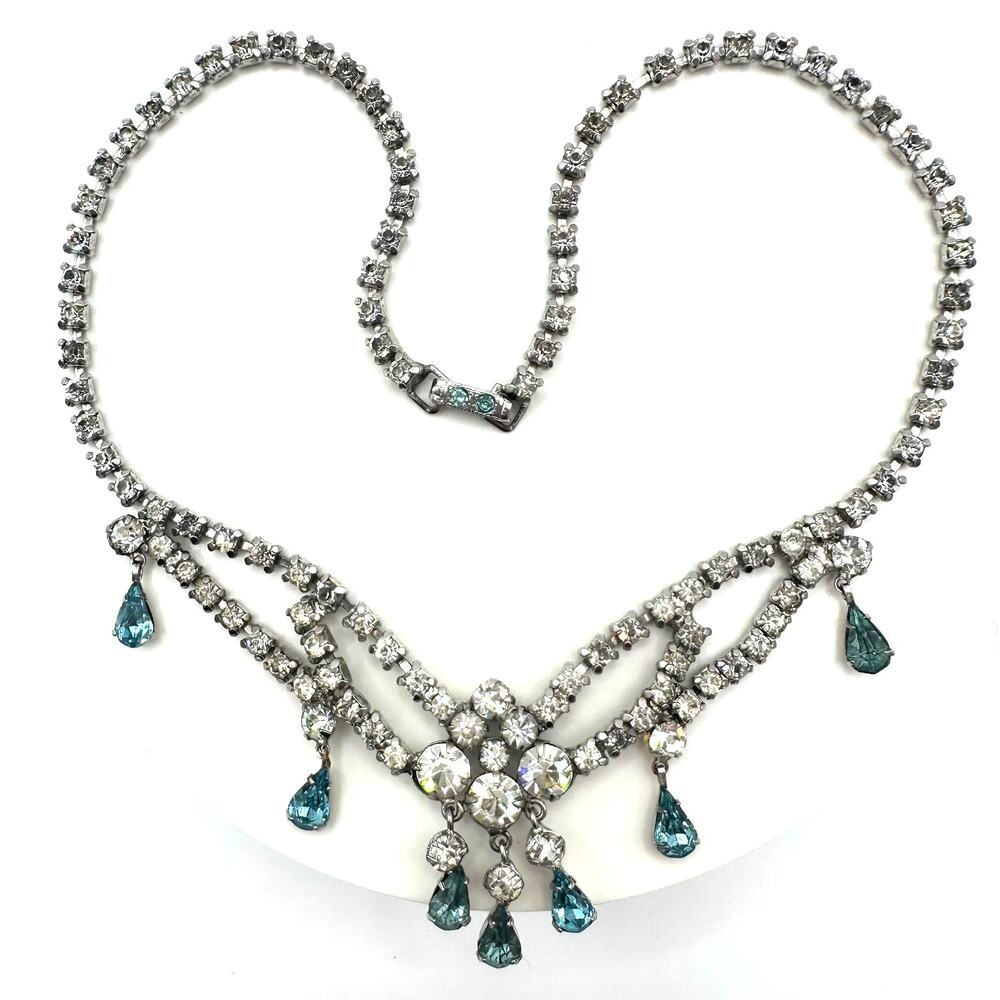 1940s 1950s vintage silver tone clear blue glass rhinestones drops swag necklace
